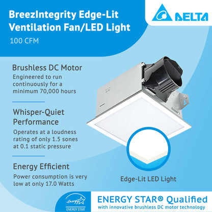 Delta Electronics BreezIntegrity 100 CFM Bath Fan Edge Lit Dimmable LED Light