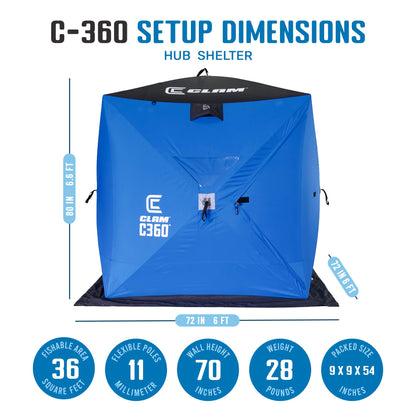 CLAM 14474 C-360 Portable 6 Foot Pop Up Ice Fishing Angler Hub Shelter Tent