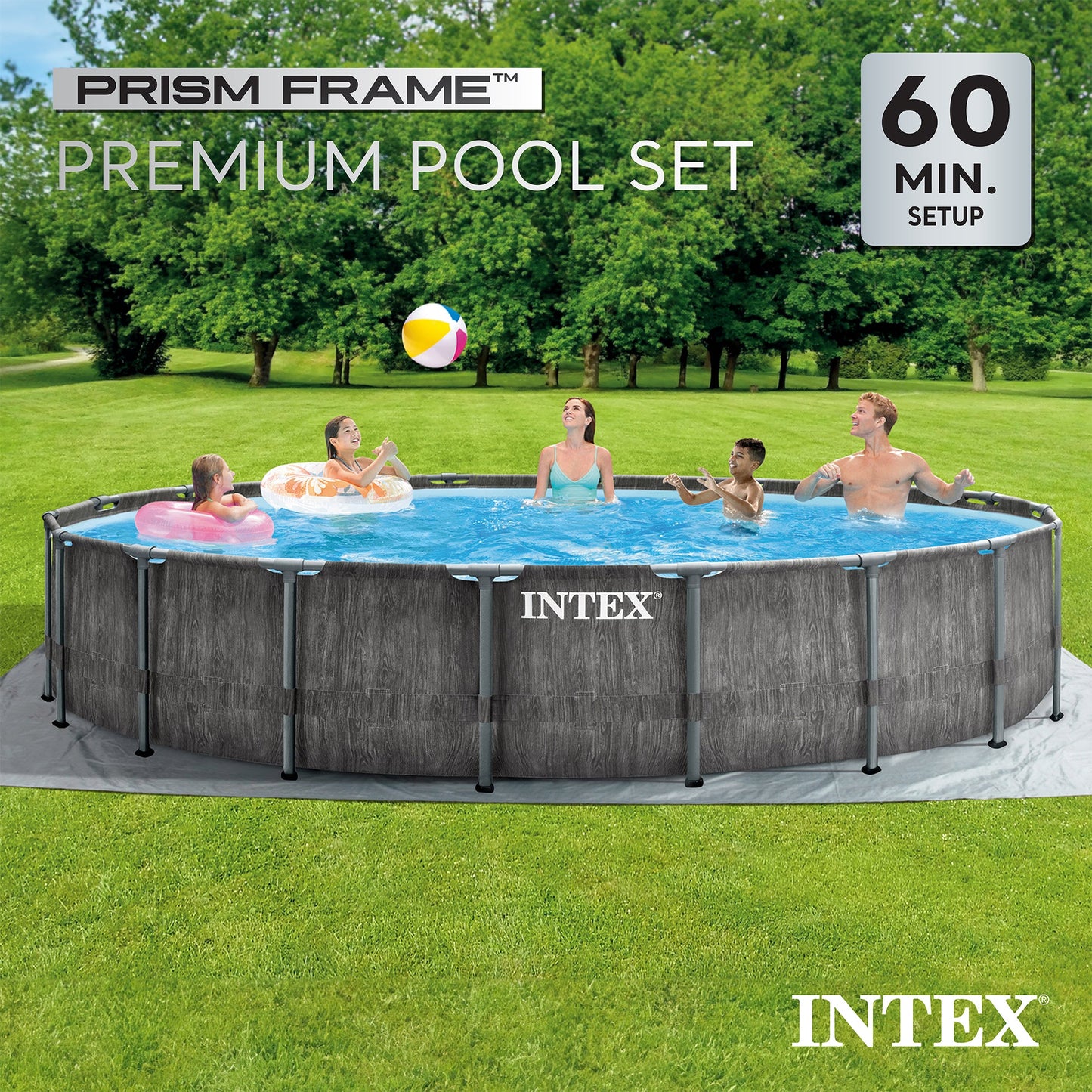 Intex Greywood Prism Frame 18'x48" Round Above Ground Outdoor Swimming Pool Set