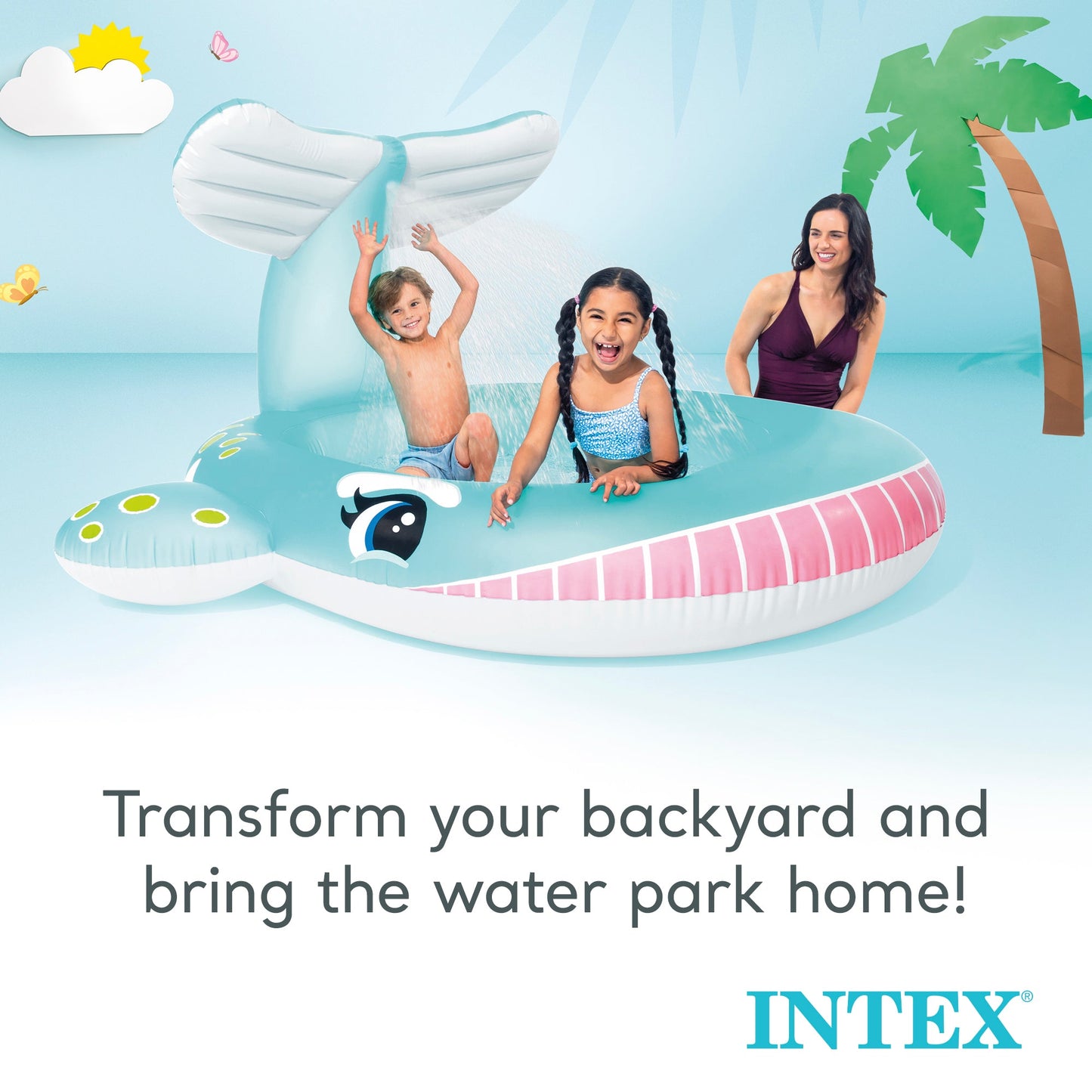 Intex 57440EP 79" x 77" x 36" Inflatable Whale Spray Kiddie Pool for Kids 2+