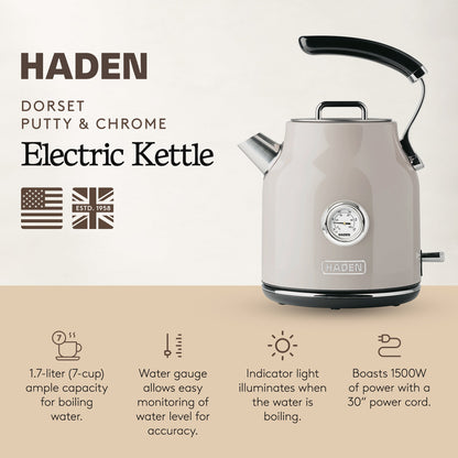 Haden Dorset 1.7 Liter Electric Water Kettle w/ 360-Degree Base, Putty & Chrome