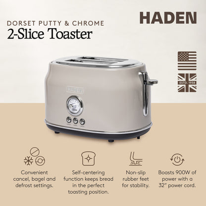 Haden Dorset 2 Slice Wide Slot Stainless Steel Toaster, Putty & Chrome