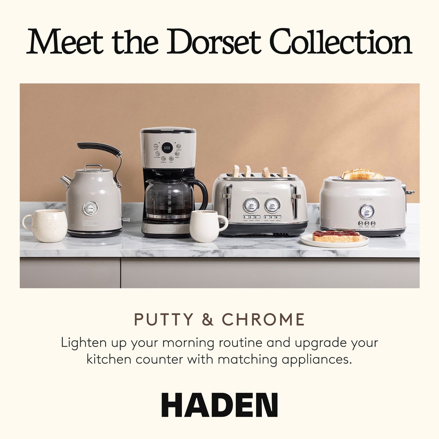 Haden Dorset 2 Slice Wide Slot Stainless Steel Toaster, Putty & Chrome