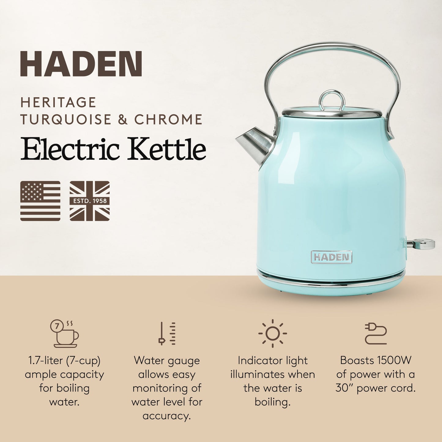 Haden Heritage 1.7L Stainless Steel Electric Water Kettle, Turquoise & Chrome