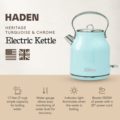 Haden Heritage 1.7L Stainless Steel Electric Water Kettle, Turquoise & Chrome