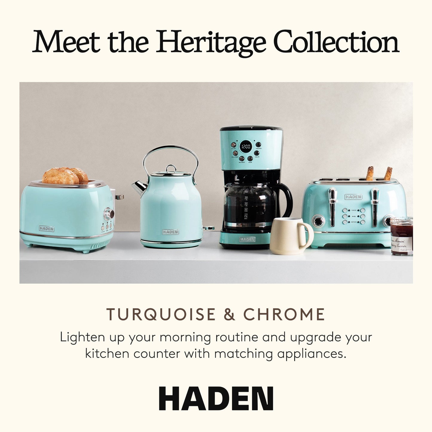 Haden Heritage 1.7L Stainless Steel Electric Water Kettle, Turquoise & Chrome