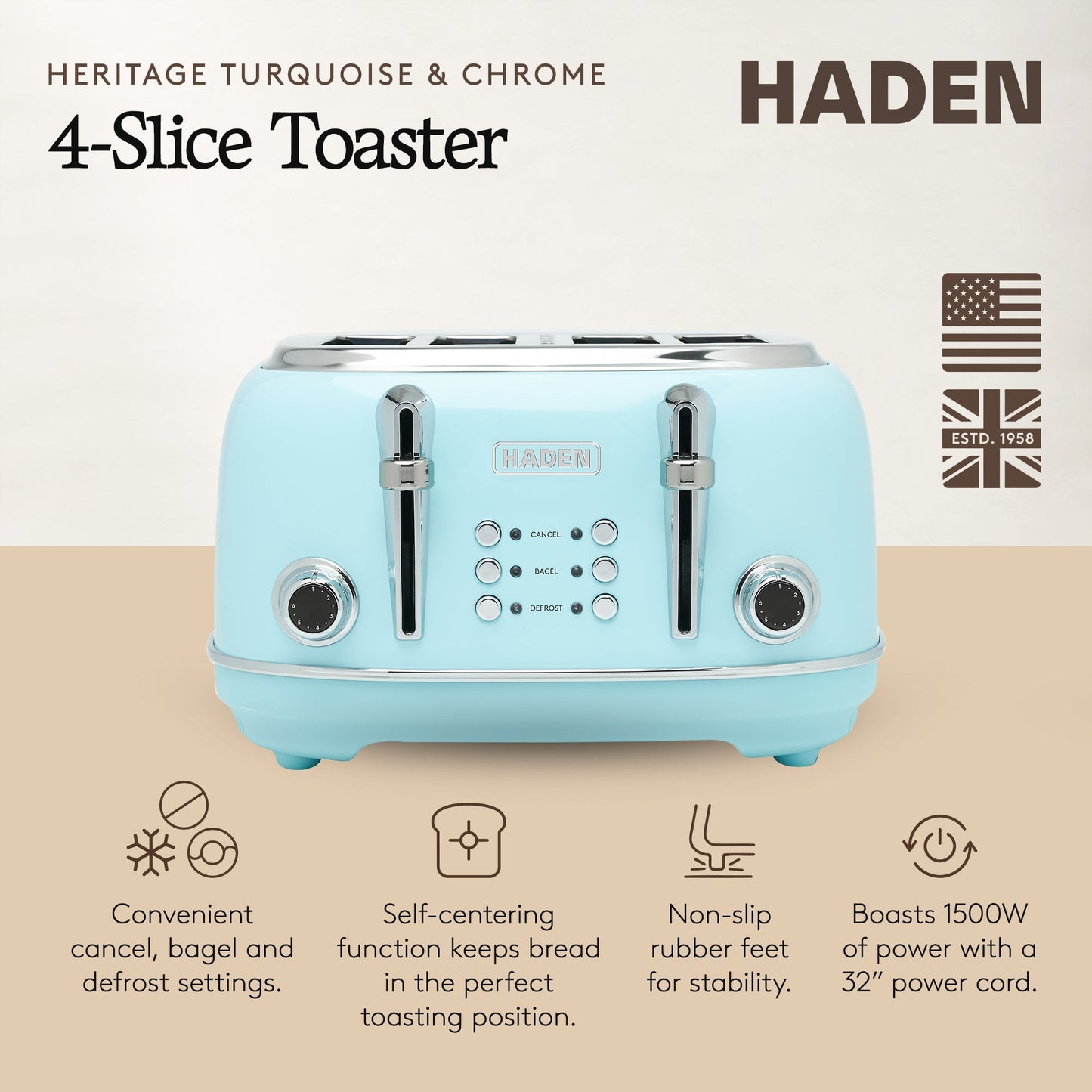 Haden Heritage 4 Slice Wide Slot Stainless Steel Toaster, Turquoise & Chrome