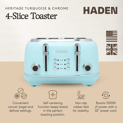 Haden Heritage 4 Slice Wide Slot Stainless Steel Toaster, Turquoise & Chrome
