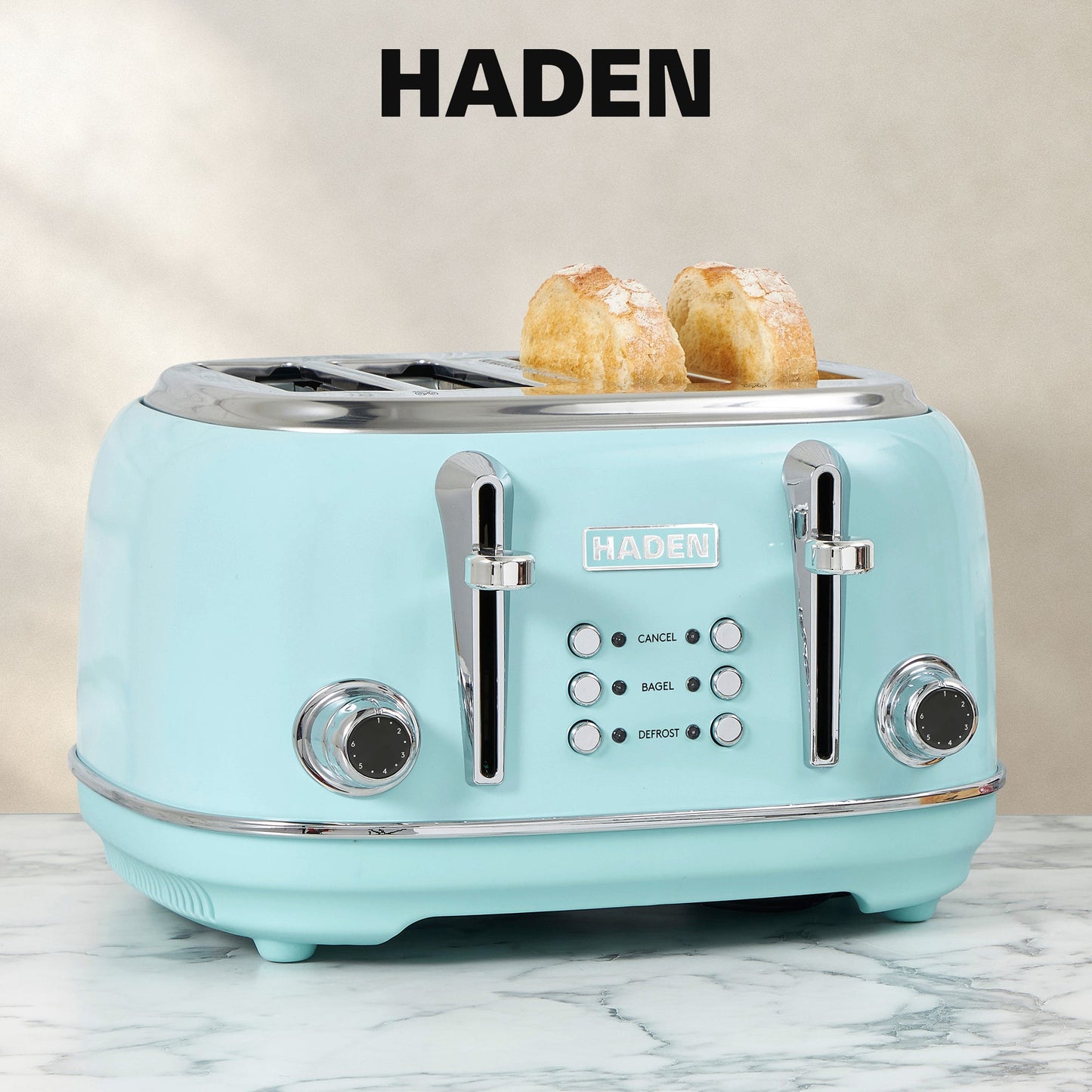 Haden Heritage 4 Slice Wide Slot Stainless Steel Toaster, Turquoise & Chrome
