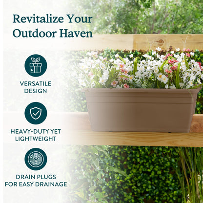 HC Companies 12-Inch Outdoor Plastic Deck Flower Planter Box, Chocolate (2 Pack)