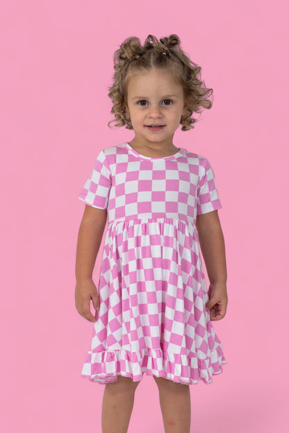 BUBBLEGUM CHECKERS DREAM RUFFLE DRESS