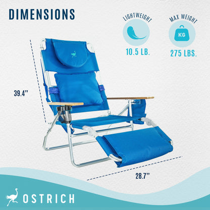 Ostrich Deluxe Padded 3-N-1 Outdoor Lounge Reclining Beach Chair, Blue (2 Pack)