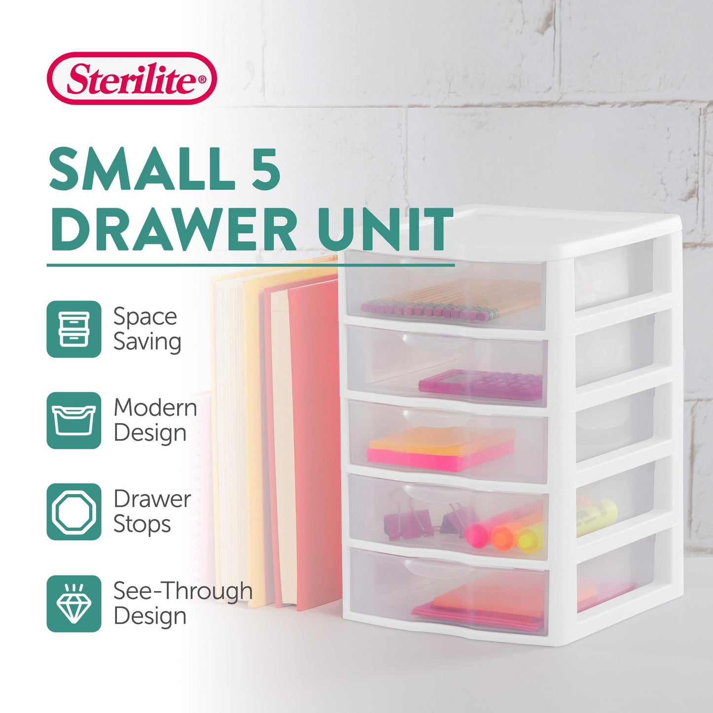 Sterilite Clearview Small Plastic 5 Drawer Desktop Storage Bin System, 16 Pack