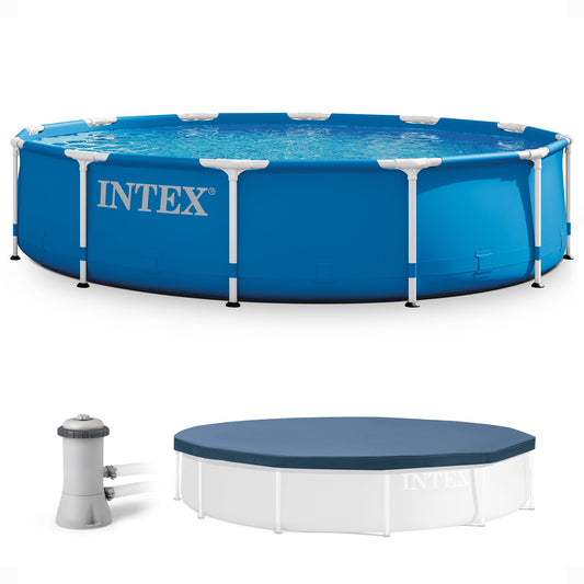 Intex 12' x 30" Metal Frame Round Swimming Pool w/ Filter Pump & 13' Pool Cover
