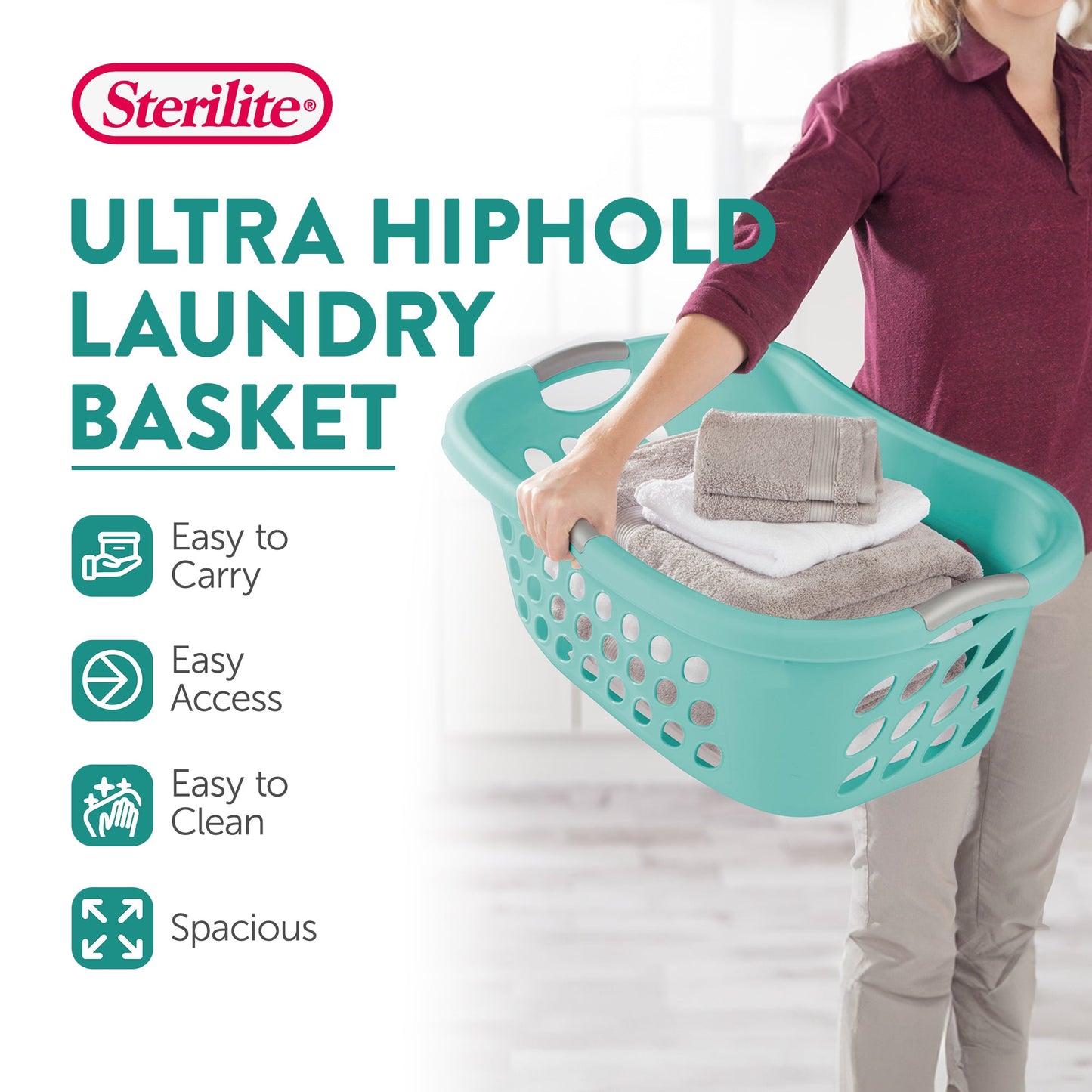 Sterilite 6 Pack Laundry Basket, Plastic Clothes Hamper, Ultra HipHold, Aqua