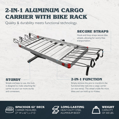 Tow Tuff TTF-2762ACBR Heavy Duty 2-in-1 Aluminum Cargo Carrier with Bike Rack