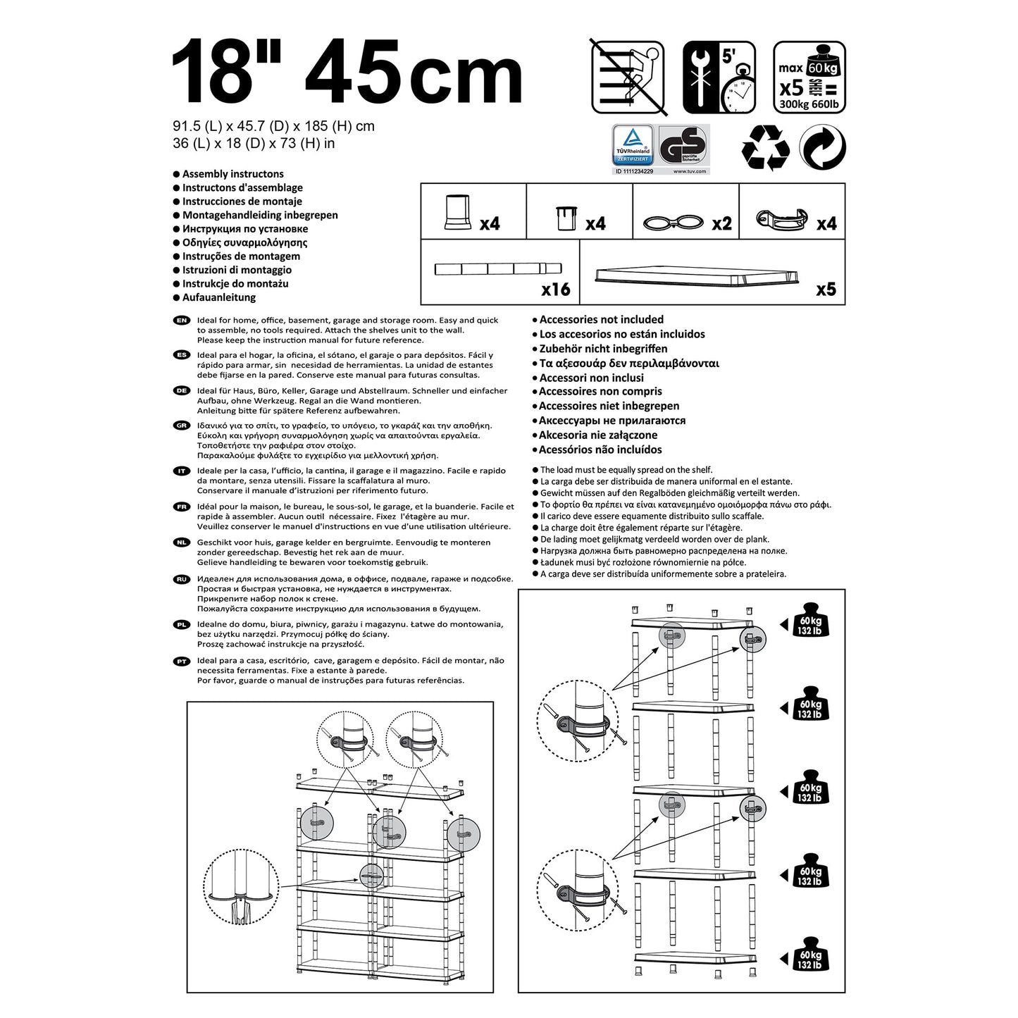 Ram Quality Products Deluxe 5 Tier Plastic Garage Storage Shelf Unit, Black
