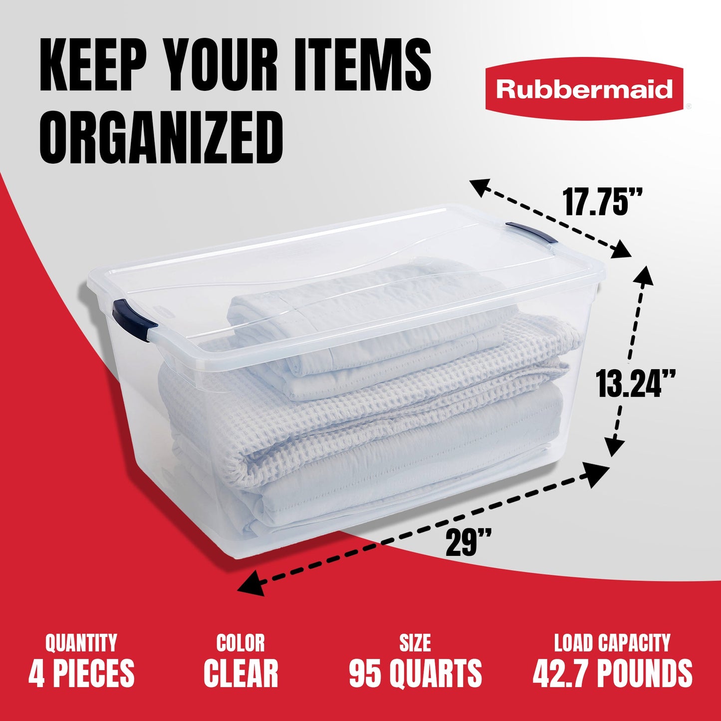 Rubbermaid Cleverstore 95 Quart Clear Plastic Storage Container & Lid, (4 Pack)