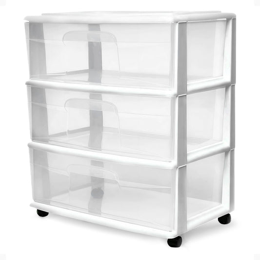Homz Plastic 3 Clear Drawer Small Rolling Storage Container Tower, White Frame