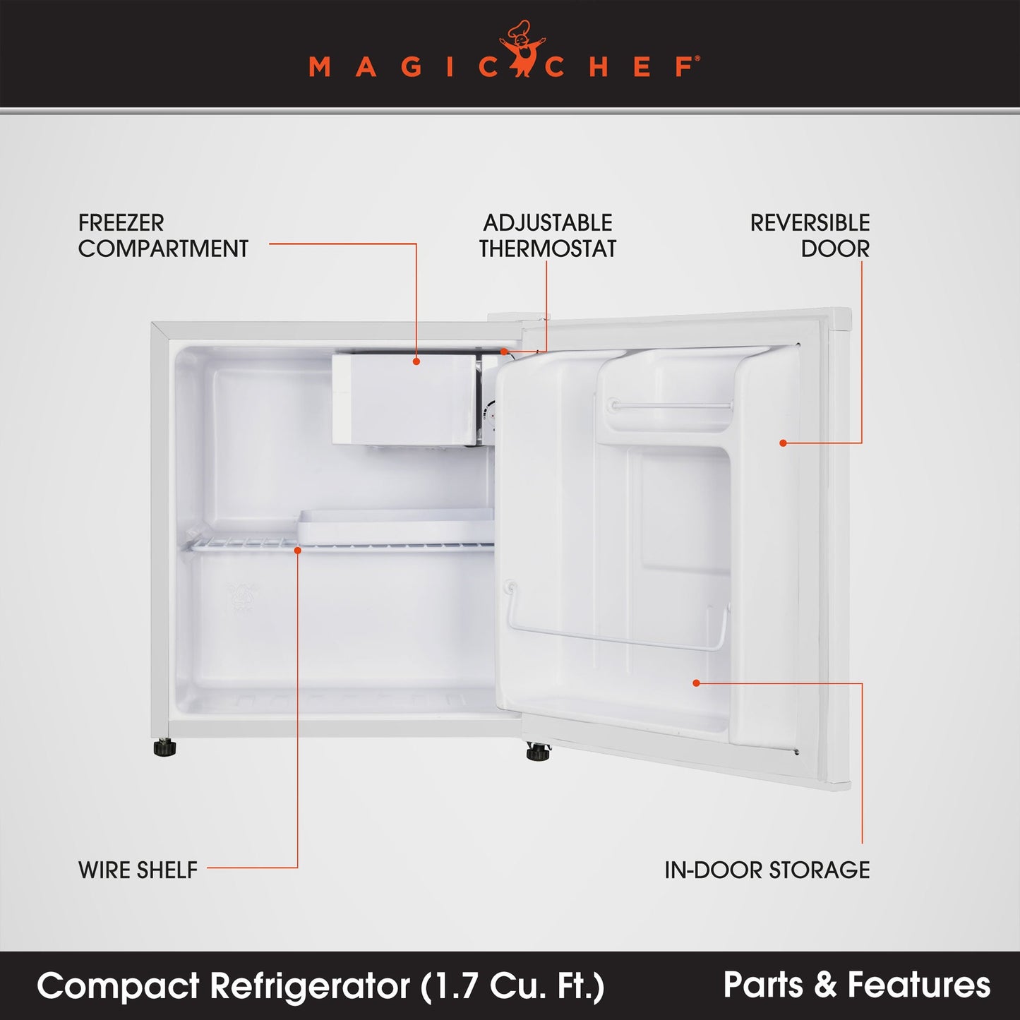 Magic Chef MCR170WE Mini Refrigerator with Freezer Shelf, 1.7 Cubic Feet, White