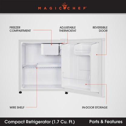 Magic Chef MCR170WE Mini Refrigerator with Freezer Shelf, 1.7 Cubic Feet, White