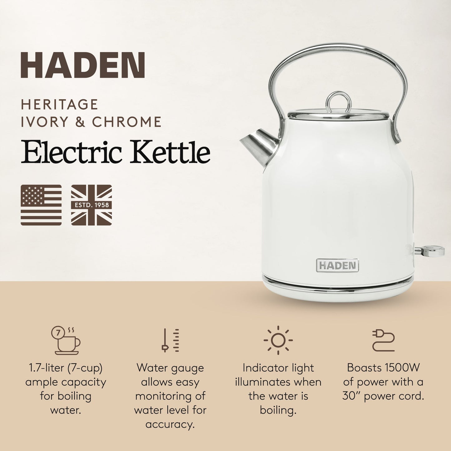 Haden Heritage 1.7 Liter Stainless Steel Electric Water Kettle, Ivory & Chrome