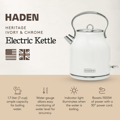 Haden Heritage 1.7 Liter Stainless Steel Electric Water Kettle, Ivory & Chrome