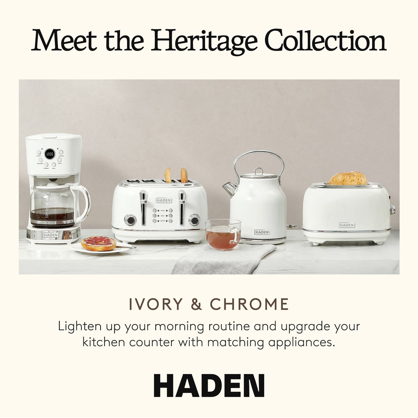 Haden Heritage 1.7 Liter Stainless Steel Electric Water Kettle, Ivory & Chrome
