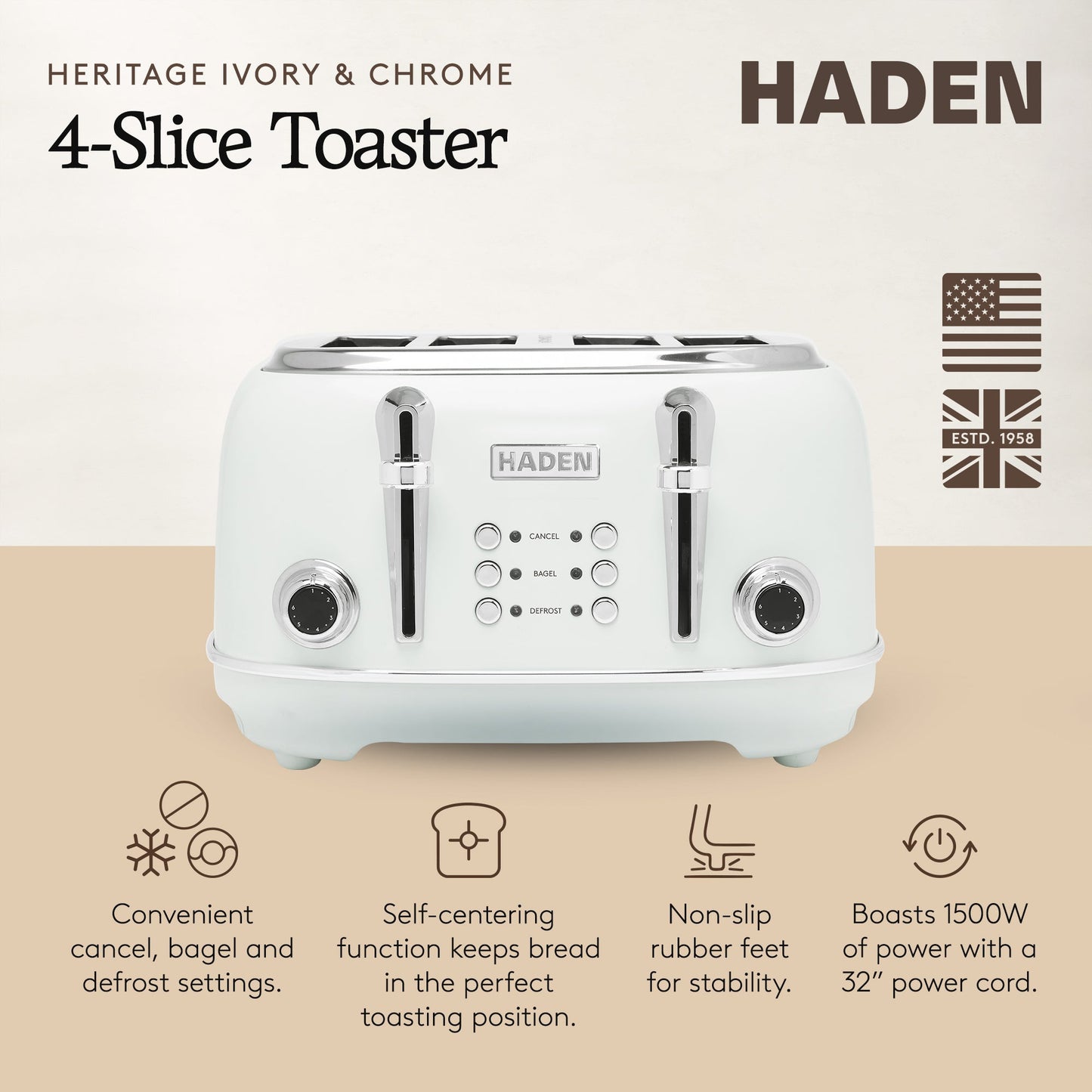 Haden Heritage Wide Slot Stainless Steel Toaster, Ivory & Chrome