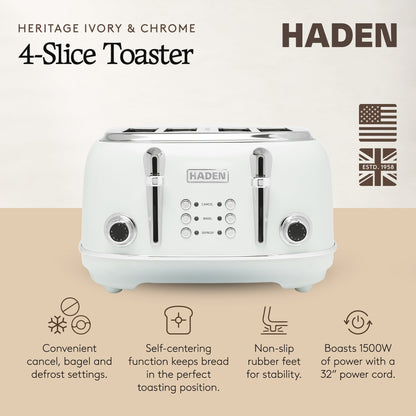 Haden Heritage Wide Slot Stainless Steel Toaster, Ivory & Chrome