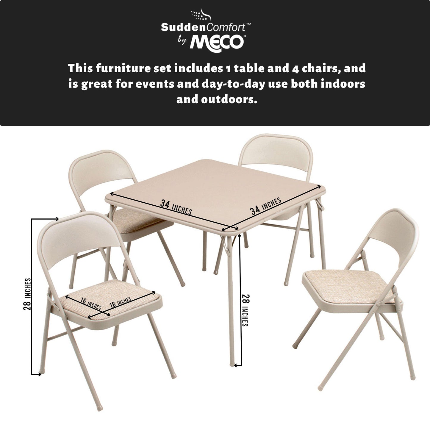 MECO Sudden Comfort 5 Piece 34x34 Card Table and 4 Chairs Folding Furniture Set