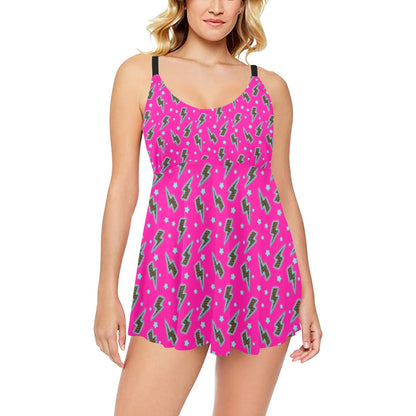 Pink Lightning Bolt Swim Dress & Shorts Set