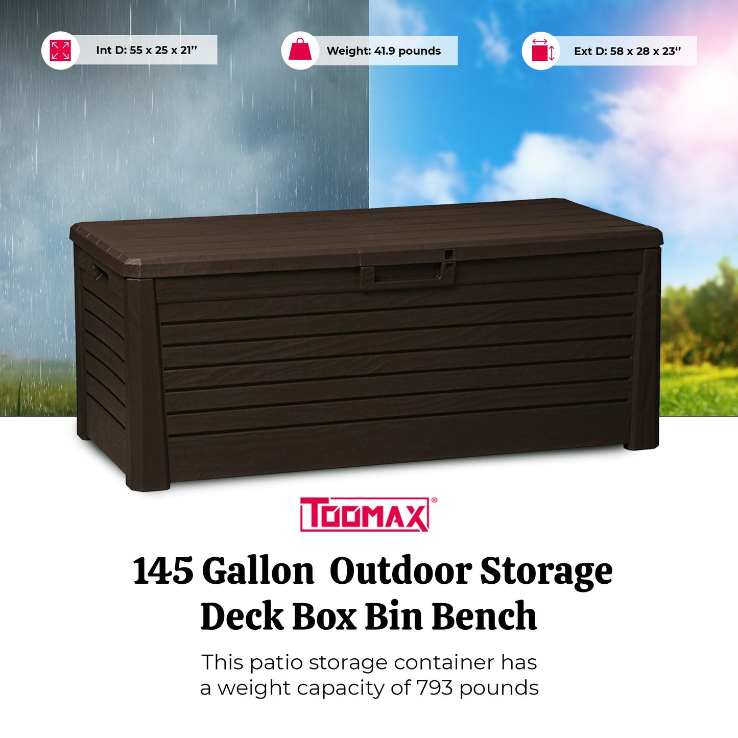 Toomax Florida Heavy Duty 145 Gallon Novel Resin Outdoor Storage Deck Box, Brown