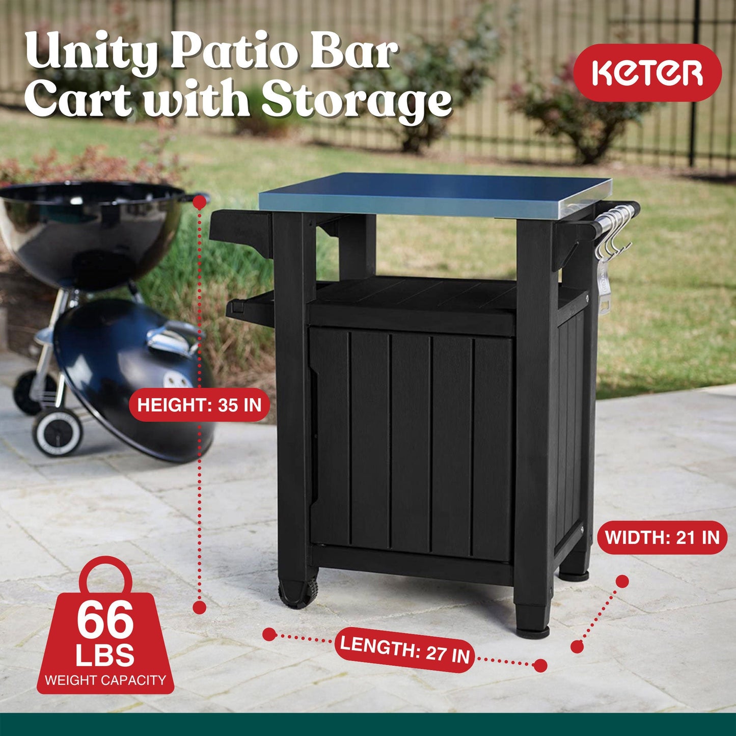 Keter Unity 40 Gal Patio Storage Grilling Bar Cart w/ Stainless Steel Top, Grey