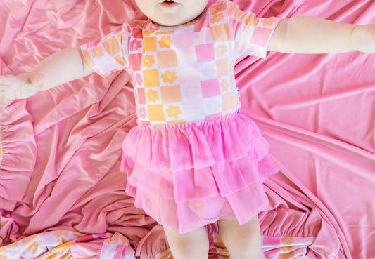 SUMMER SUNSET CHECKERS DREAM TUTU BODYSUIT DRESS