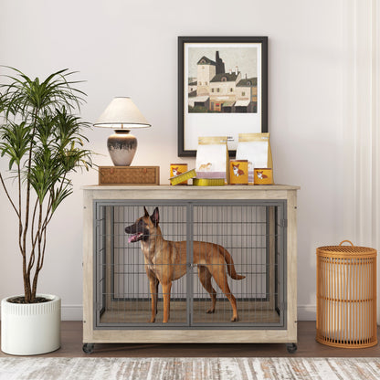 Furniture Style Dog Crate Side Table on Wheels with Double Doors and Lift Top. Grey, 43.7" W x 30" D x 31.1" H.