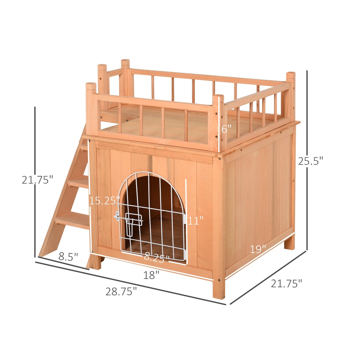 2-Level Wooden Cat House, Outdoor Dog Shelter Cat Condo with Lockable Wire Door and Balcony, Natural Wood