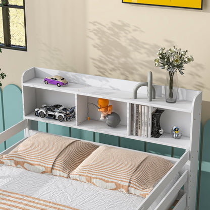 Full Over Full Bunk Beds with Bookcase Headboard, Solid Wood Bed Frame with Safety Rail and Ladder, Kids/Teens Bedroom, Guest Room Furniture, Can Be converted into 2 Beds, White