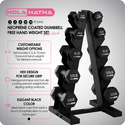 HolaHatha Neoprene Coated Dumbbell Free Hand Weight Set with Storage Rack, Black