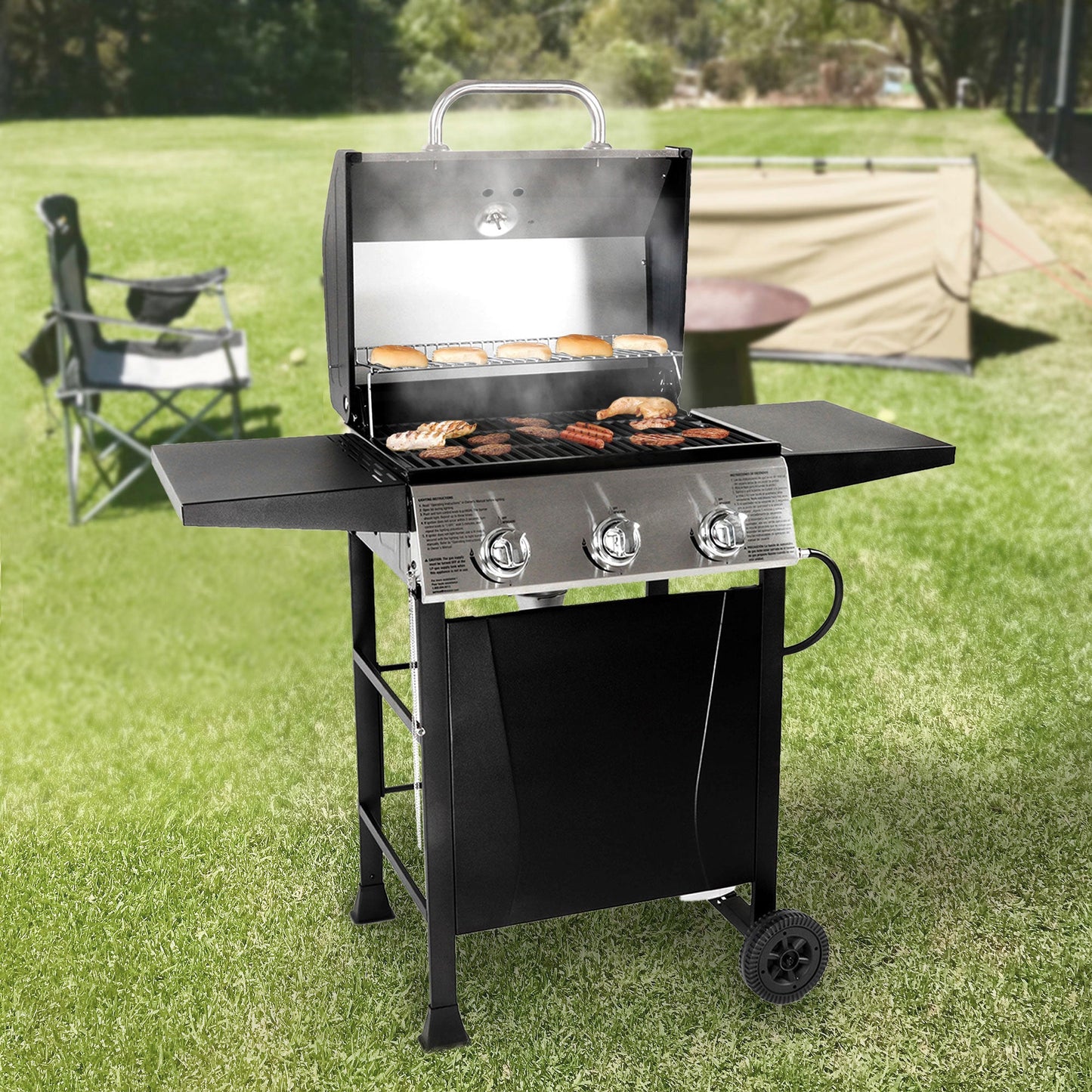 Grill Boss GBC1932M 3 Burner Gas Grill with Top Cover and Side Shelves, Black