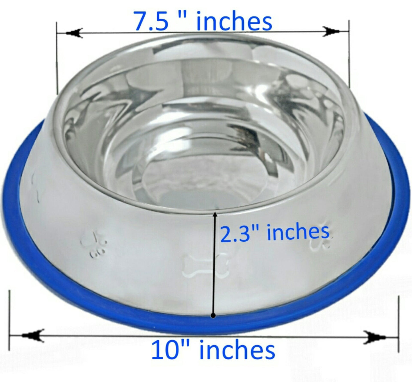 Set of 2 Etched Stainless Steel Dog Bowls with Blue Silicone Base