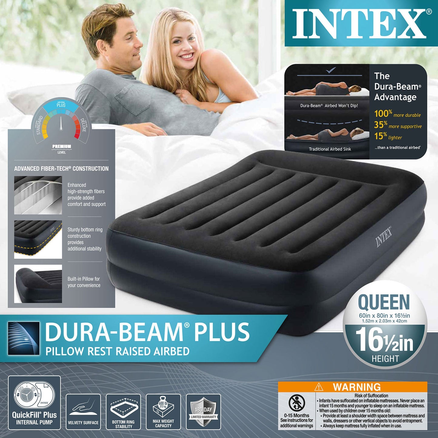 Intex 64123ED Air Mattress, Dura Beam Plus Pillow Rest w/ Built in Pump, Queen