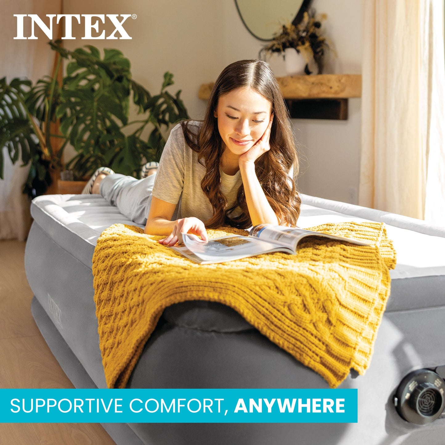 Intex 64411ED Dura Beam Comfort Plus Airbed Mattress w/ Built In Pump, Twin Size
