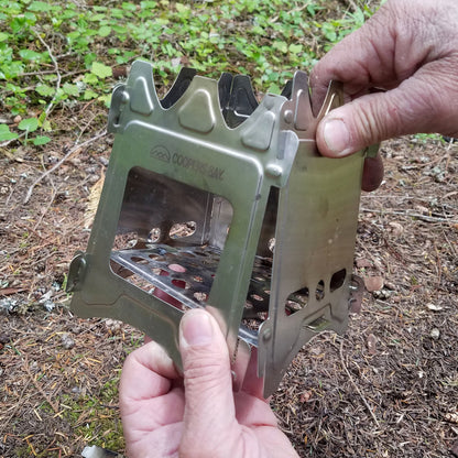 Hiker Twig Stove and Ferro Firestarting Package - Choice or Stainless Steel or Titanium