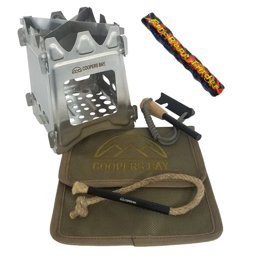 Hiker Twig Stove and Ferro Firestarting Package - Choice or Stainless Steel or Titanium