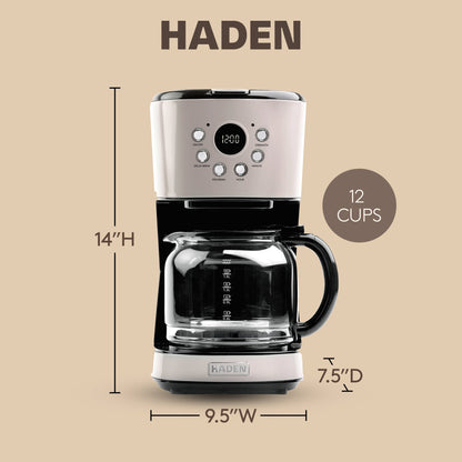 Haden Coffee Machine, 12 Cup Programmable Drip Coffee Maker, Putty & Chrome