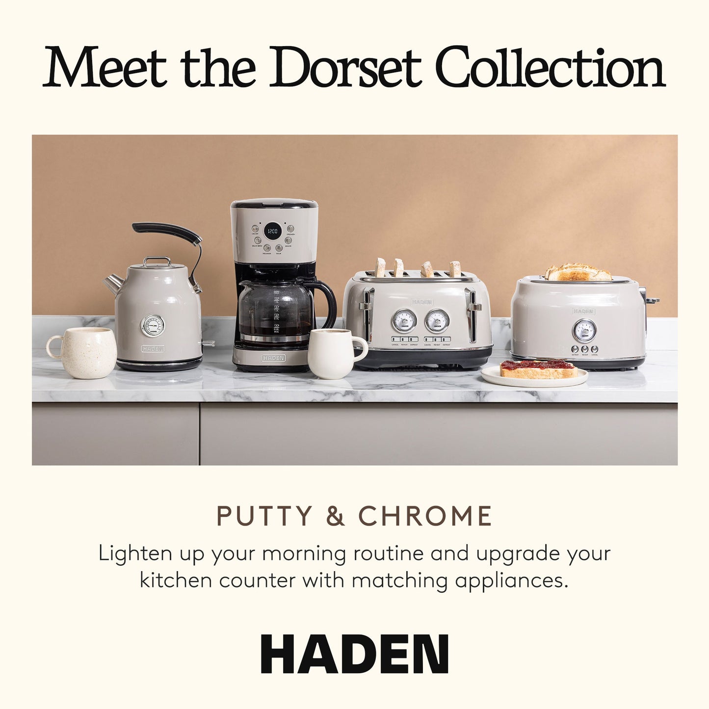Haden Coffee Machine, 12 Cup Programmable Drip Coffee Maker, Putty & Chrome