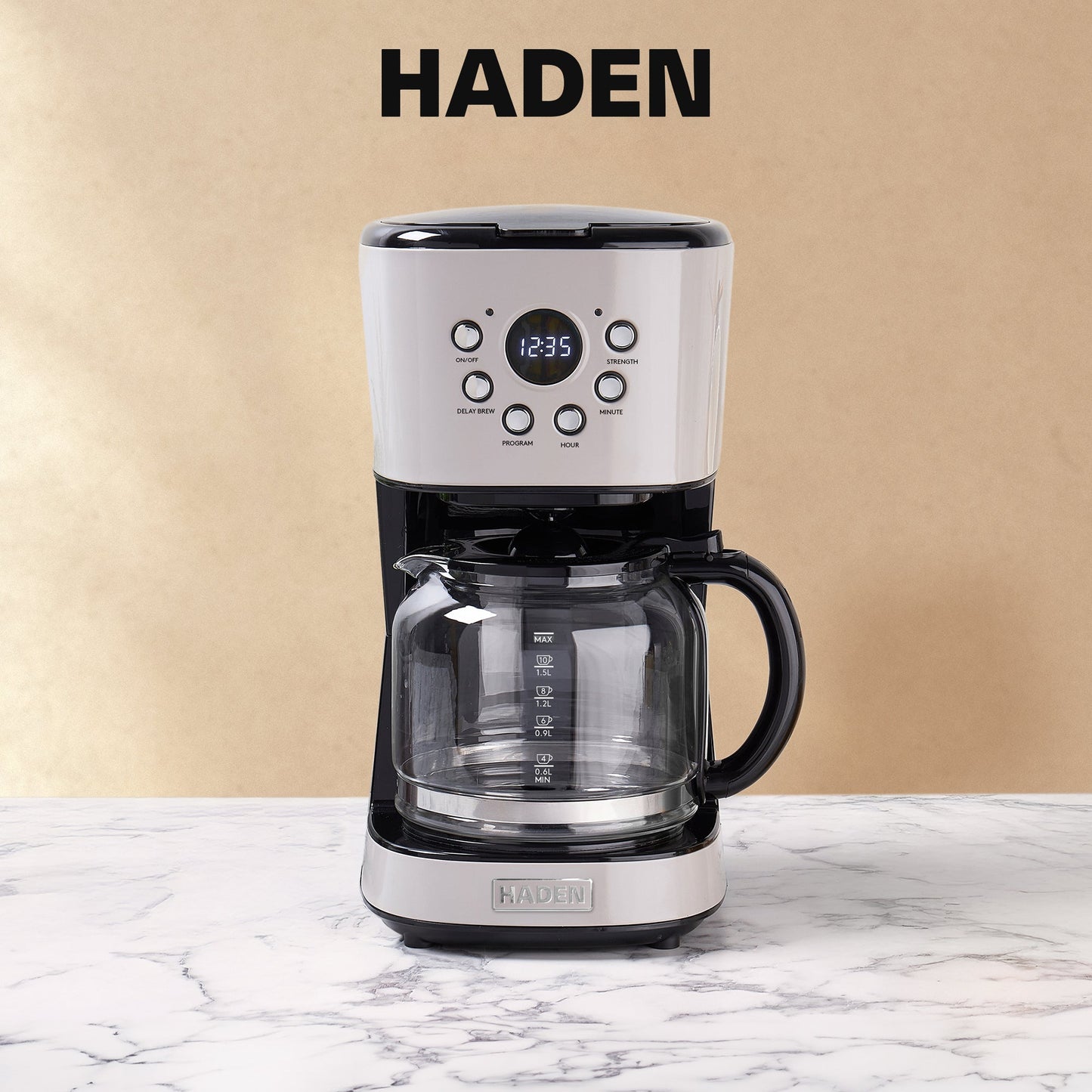 Haden Coffee Machine, 12 Cup Programmable Drip Coffee Maker, Putty & Chrome