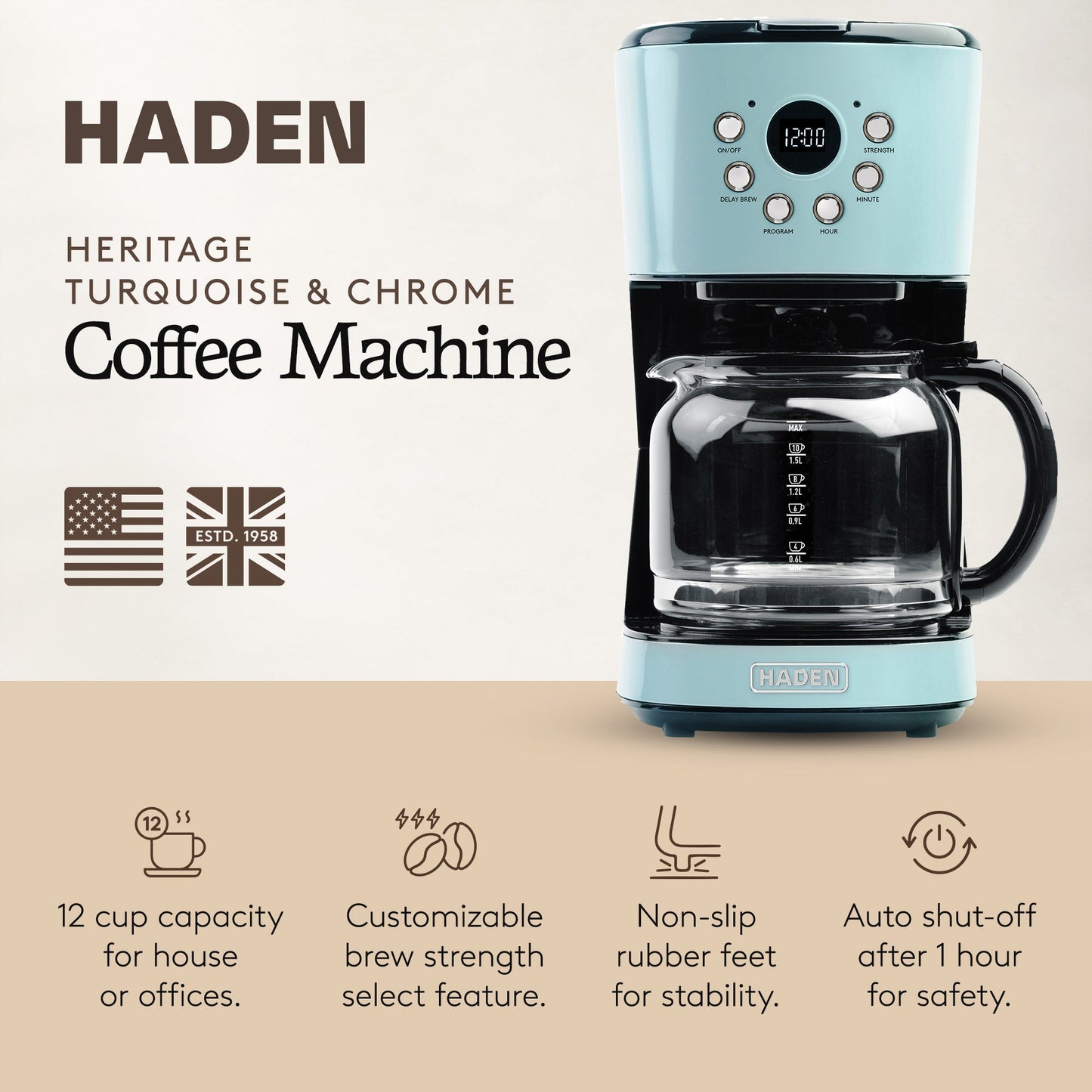 Haden Coffee Machine, 12 Cup Programmable Drip Coffee Maker, Turquoise & Chrome