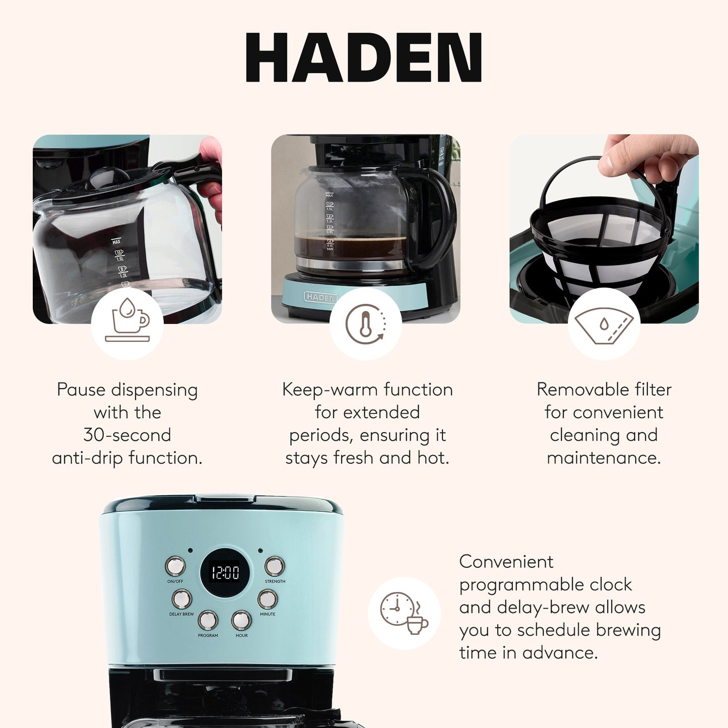 Haden Coffee Machine, 12 Cup Programmable Drip Coffee Maker, Turquoise & Chrome